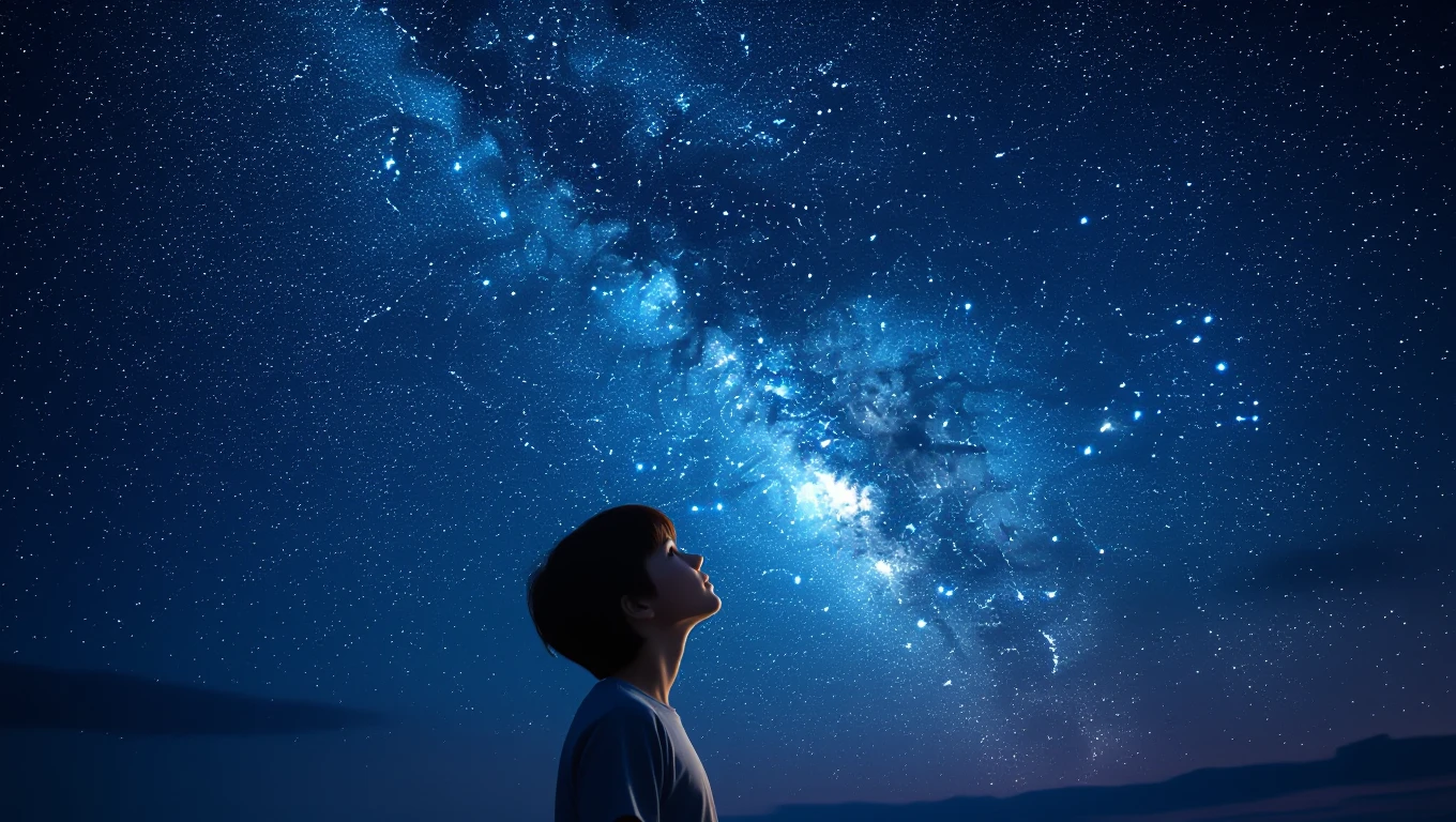 Mit jelent csillagokkal álmodni? – Részletes álomfejtés és értelmezés Egy fiatal fiú néz a csillagos égre, amely tele van ragyogó csillagokkal.