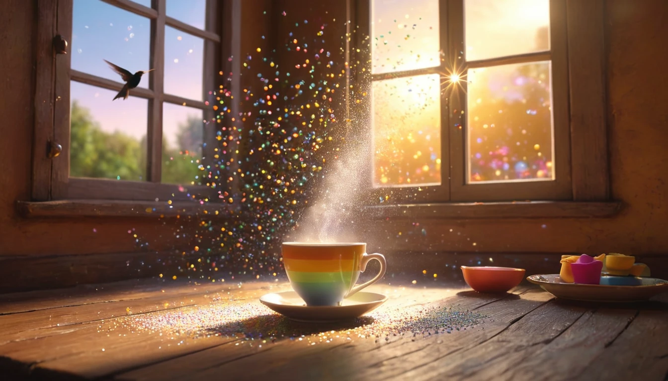 Mit jelent a mindennapi élet csodáiról álmodni? - Álomfejtés és értelmezés Színes csésze, amelyből csillogó por száll fel, napfényben ragyogva.