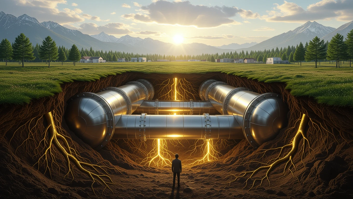 Fém csövek a föld alatt, energiát szimbolizáló gyökerekkel és napfénnyel.