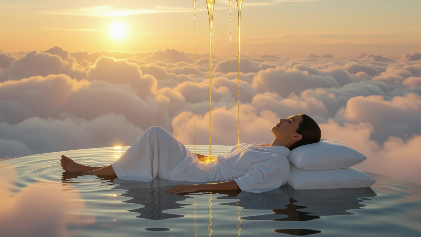 Mit jelent detoxról álmodni? - Részletes álomfejtés és értelmezés Egy nő relaxál a vízben, miközben napfelkeltét néz, körülötte felhők.