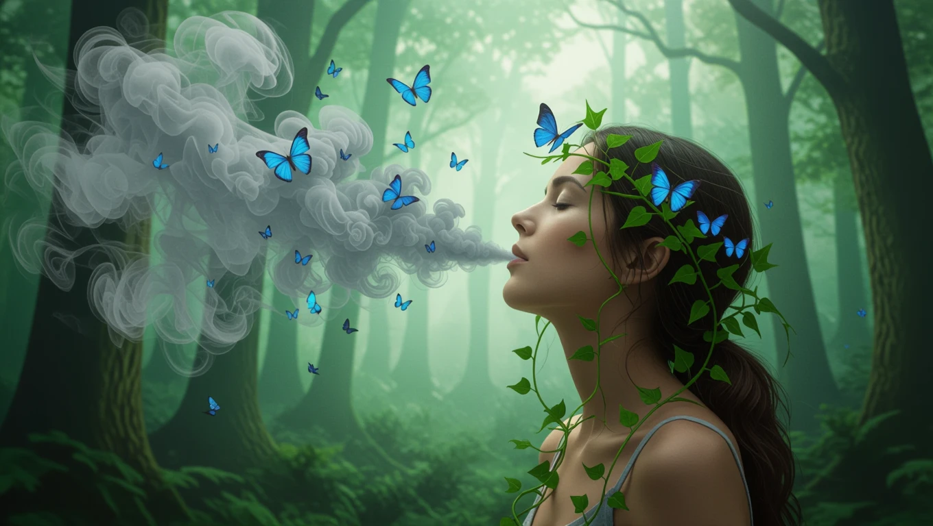 Mit jelent detoxról álmodni? - Részletes álomfejtés és értelmezés Egy nő álmodozik, füst és kék pillangók veszik körül egy erdőben.