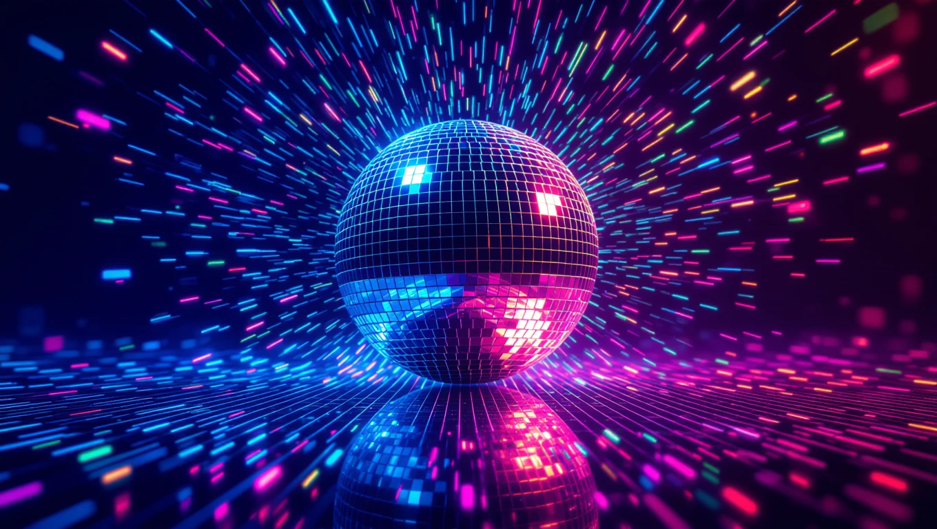 Színes fényekkel körülvett diszkógömb, ami a bulizás hangulatát idézi.