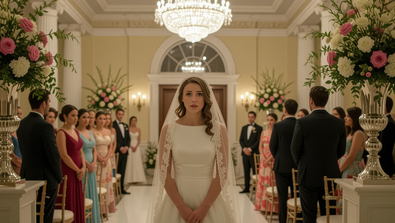 Mit jelent egy elfelejtett esküvő az álomban? - Online álomfejtés és értelmezés Egy fiatal nő áll egy esküvői szertartáson, körülötte vendégek és virágdíszek.