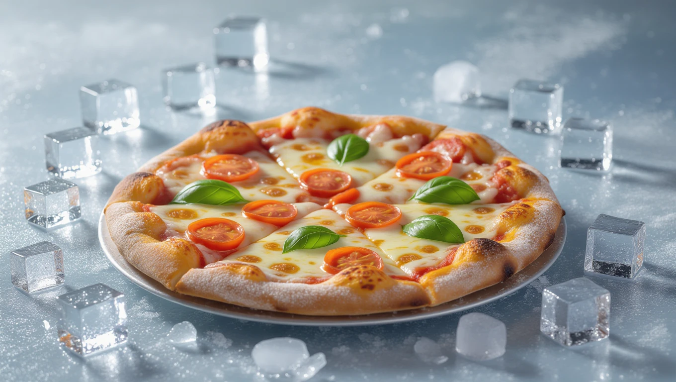 Fagyasztott jégkockák között friss, paradicsomos pizza látható.