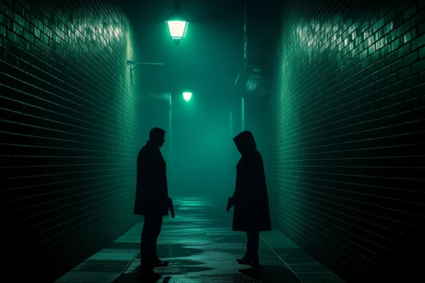 Két árnyékos figura áll egy sötét, ködös utcában, fegyverrel a kezükben.