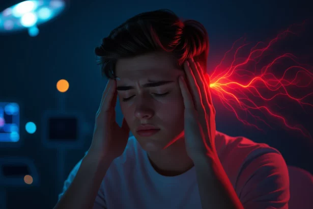 Egy fiatal férfi fejfájással küzd, kezével a fejét fogja, háttérben kék fények.