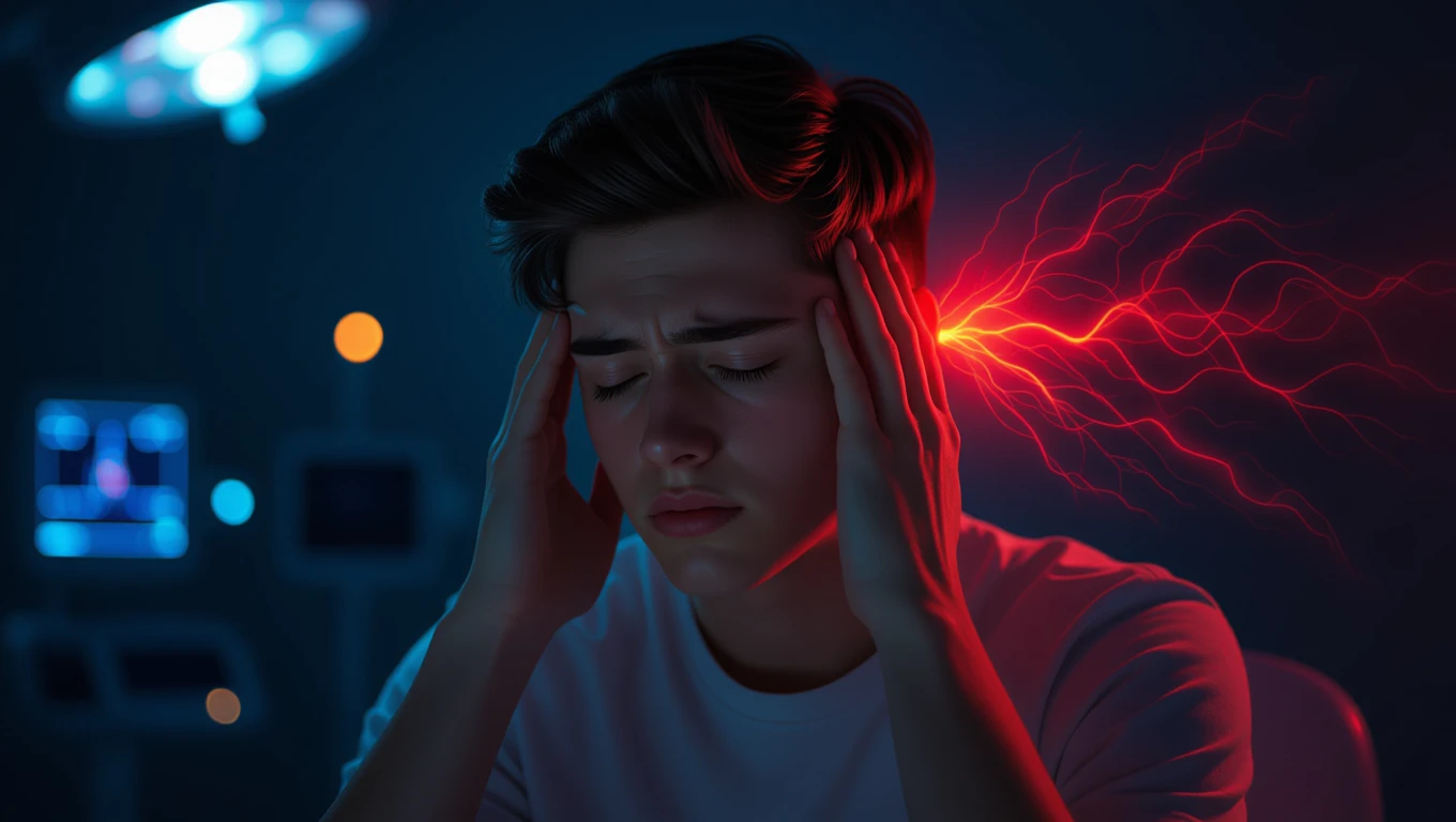 Mit jelent fejfájással álmodni? – Részletes álomfejtés és értelmezés Egy fiatal férfi fejfájással küzd, kezével a fejét fogja, háttérben kék fények.