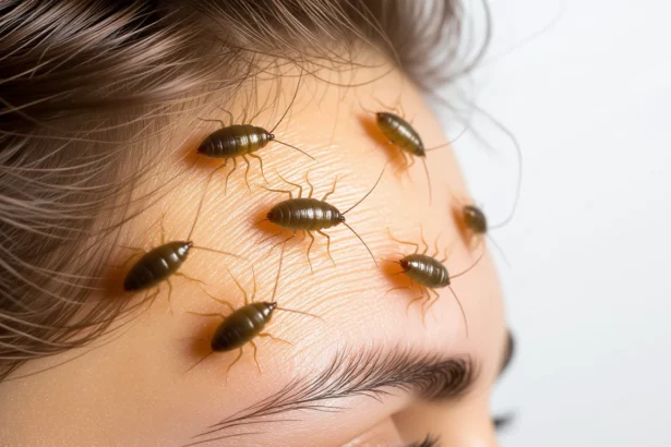 Egy fejtetűkkel borított homlok, amely szorongást és zavaró gondokat szimbolizál.