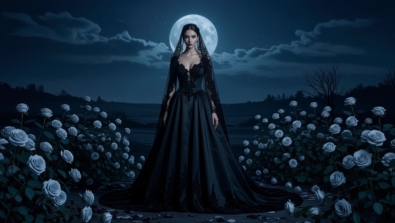 Mit jelent fekete menyasszonyi ruha álomban? - Online álomfejtés és értelmezés Egy nő fekete menyasszonyi ruhában áll, körülötte fehér rózsák, a háttérben telihold.