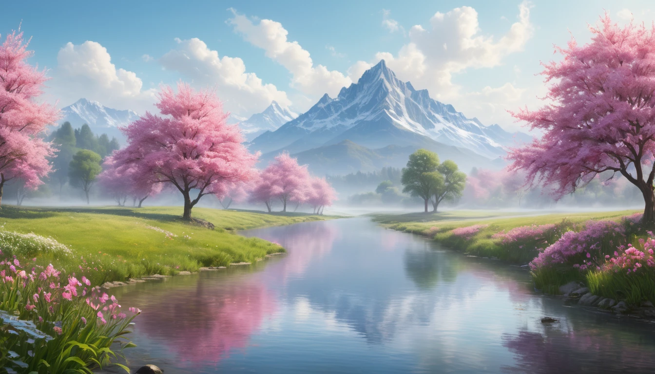 Tavaszi táj, rózsaszín virágzó fák és hegyek a háttérben, nyugodt vízparttal.
