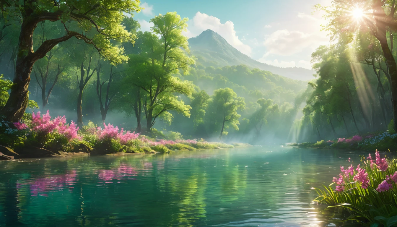 Zöldellő erdő és virágos part mentén csillogó víz, nyugalmat sugallva.