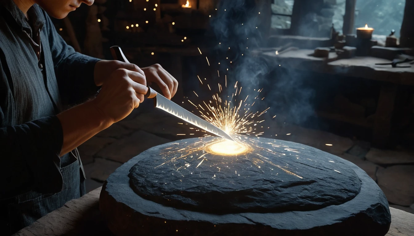 Mit jelent fenéssel álmodni? - Álomfejtés és értelmezés Egy kéz egy fényes kést tart, miközben sziklán dolgozik, szikrák repkednek.