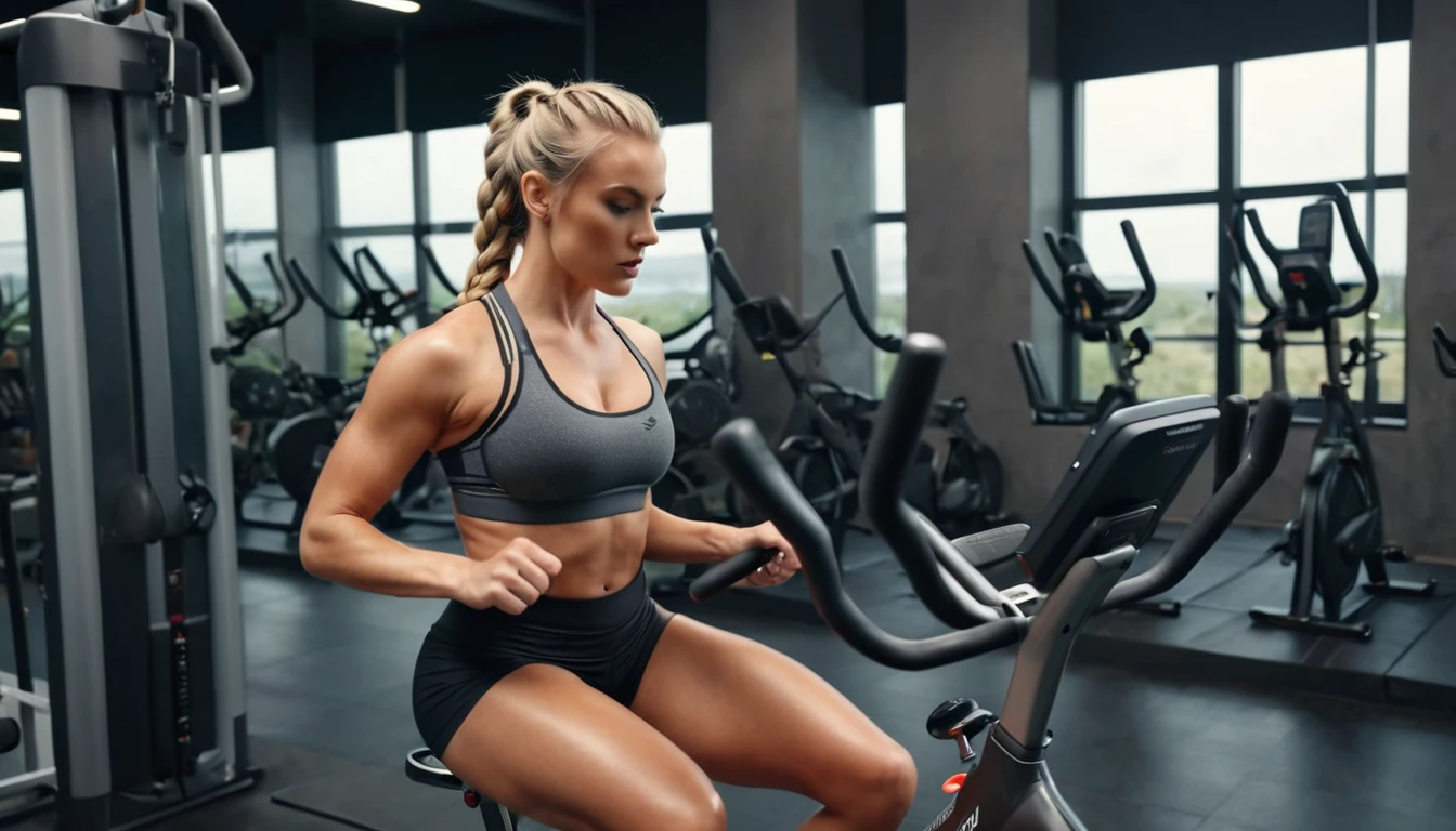 Mit jelent fitness edzésről álmodni? – Részletes álomfejtés és értelmezés Egy fiatal nő edz egy szobakerékpáron, izmos testalkattal.