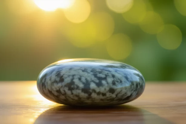 Egy sima, fényes gránitkő, napfényben csillogva, zöld háttér előtt.