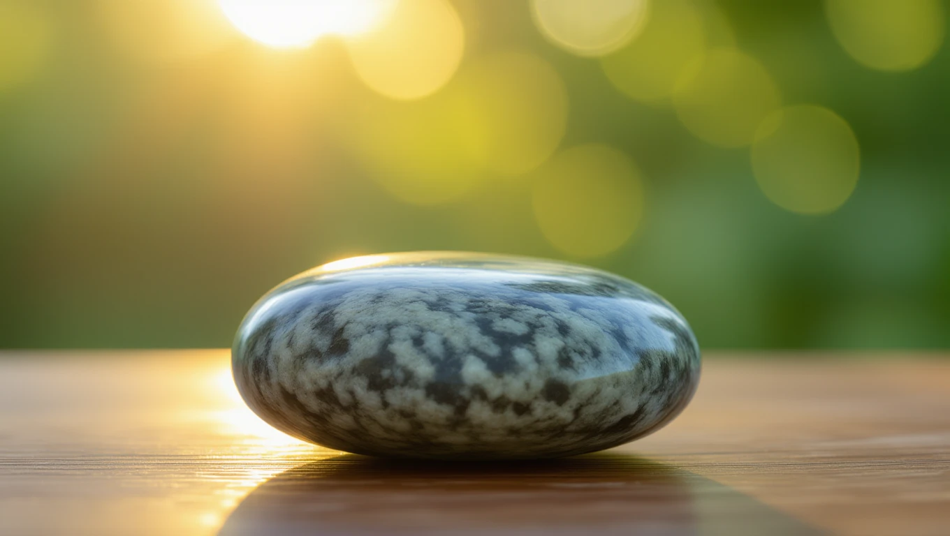 Egy sima, fényes gránitkő, napfényben csillogva, zöld háttér előtt.