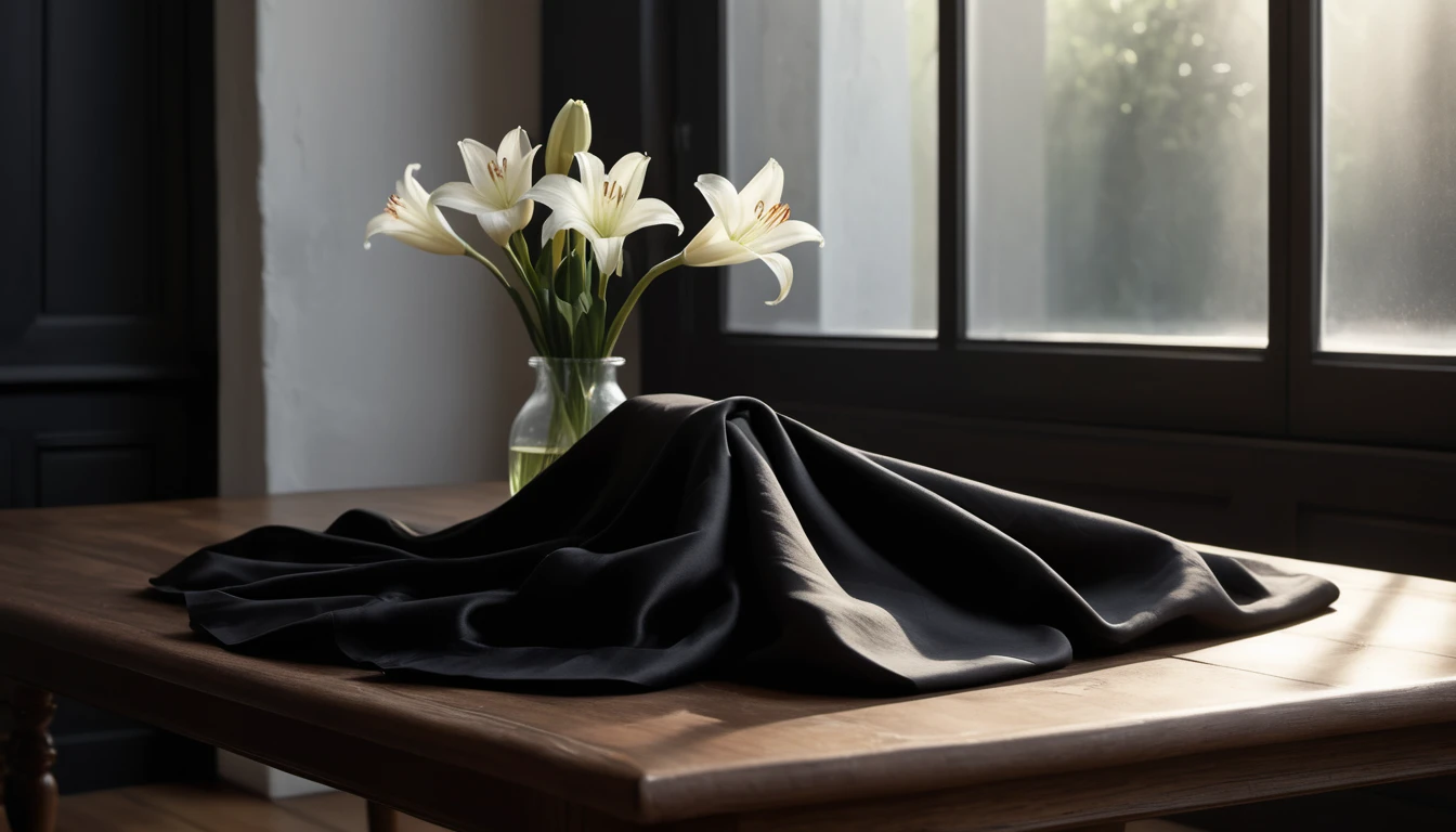 Mit jelent gyászruháról álmodni? - Online álomfejtés és értelmezés Egy fekete gyászruha terítve egy asztalon, fehér liliomokkal a háttérben.