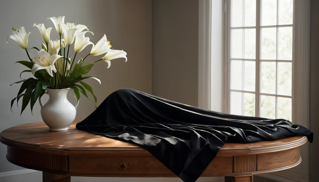 Mit jelent gyászruháról álmodni? - Online álomfejtés és értelmezés Egy fekete gyászruha fekszik egy asztalon, mellette fehér liliomokkal.