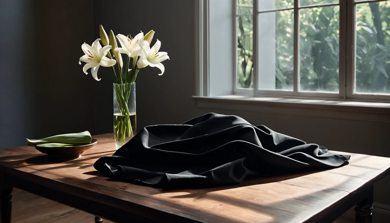 Mit jelent gyászruháról álmodni? - Online álomfejtés és értelmezés Egy fekete gyászruha fekszik egy asztalon, mellette fehér liliomokkal.