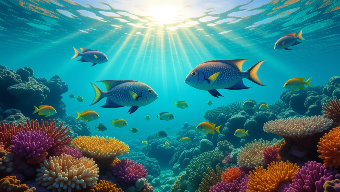 Mit jelent halról álmodni? – Részletes álomfejtés és értelmezés Színes halak úsznak korallok között a víz alatt, napfényben.