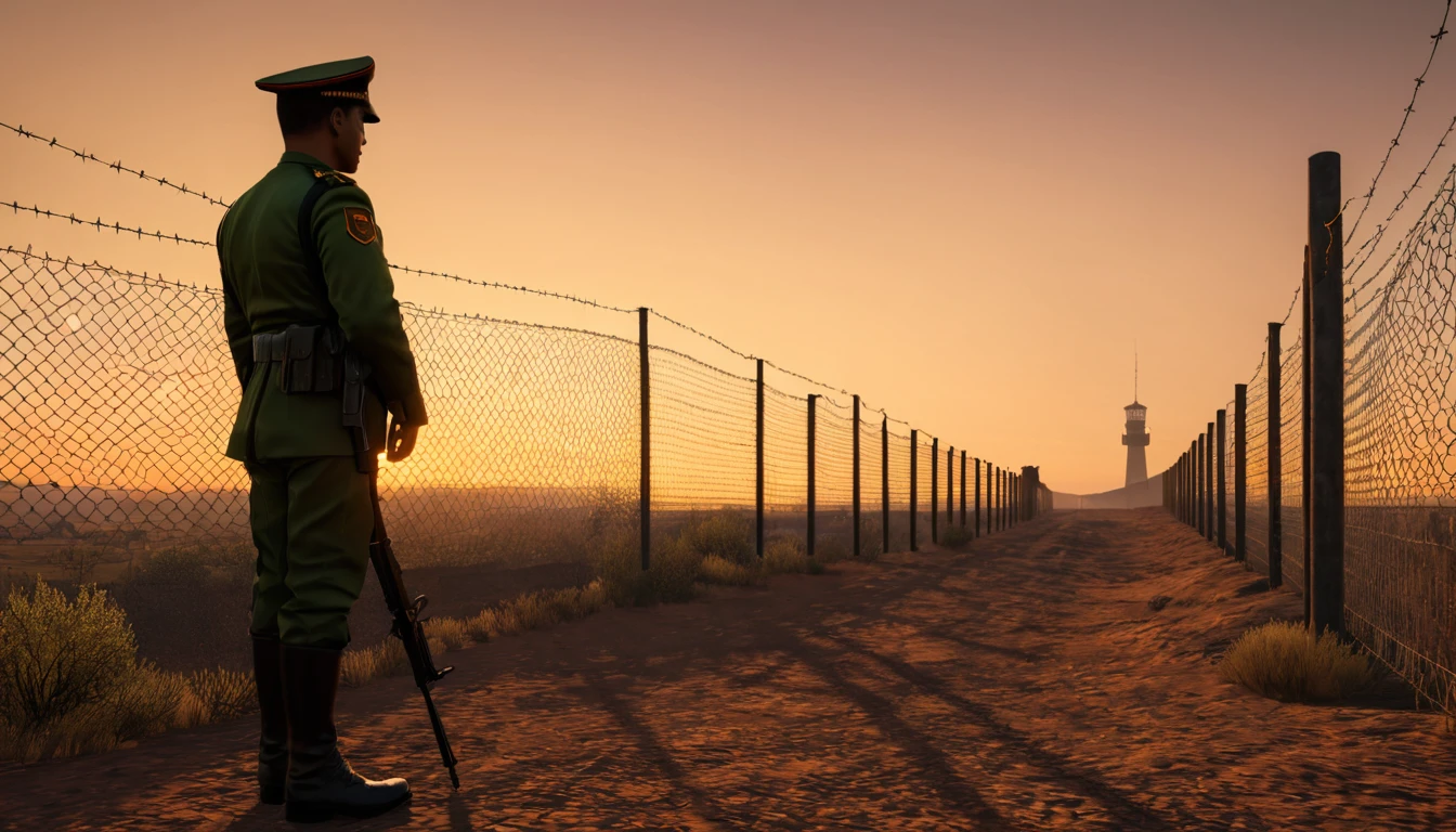Mit jelent határőrről álmodni? - Személyes álomfejtés és értelmezés Egy határőr áll a kerítés mellett, naplementében, a határvonalon.
