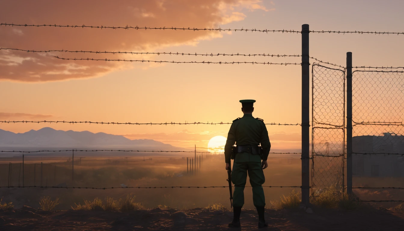 Mit jelent határőrről álmodni? - Személyes álomfejtés és értelmezés Egy határőr áll a kerítés mellett, miközben naplemente látható a háttérben.