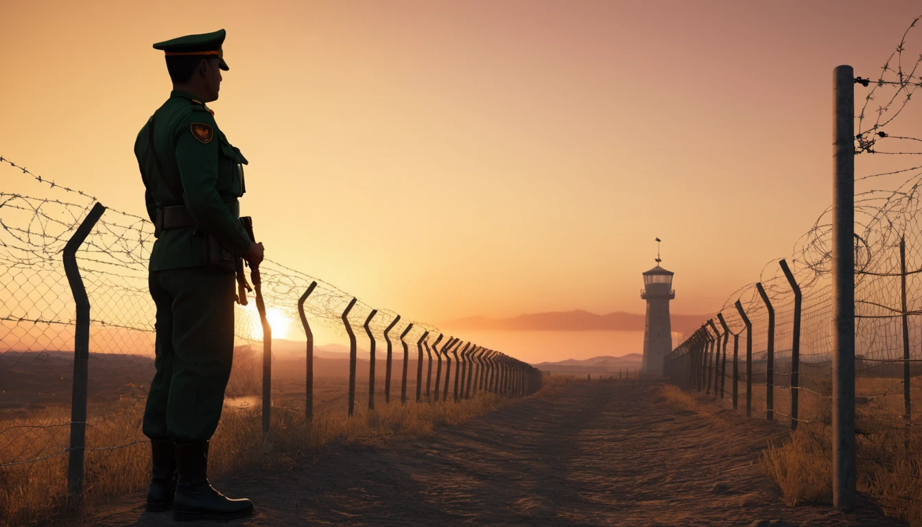 Mit jelent határőrről álmodni? - Személyes álomfejtés és értelmezés Egy határőr áll a kerítés mellett, naplementében, védelmet szimbolizálva.