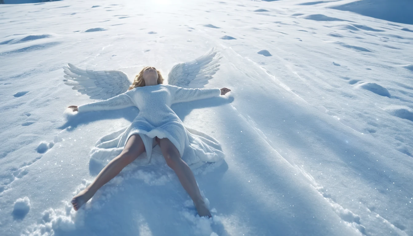 Egy nő hóban fekszik, hóangyalt formázva, fehér ruhában és szárnyakkal.