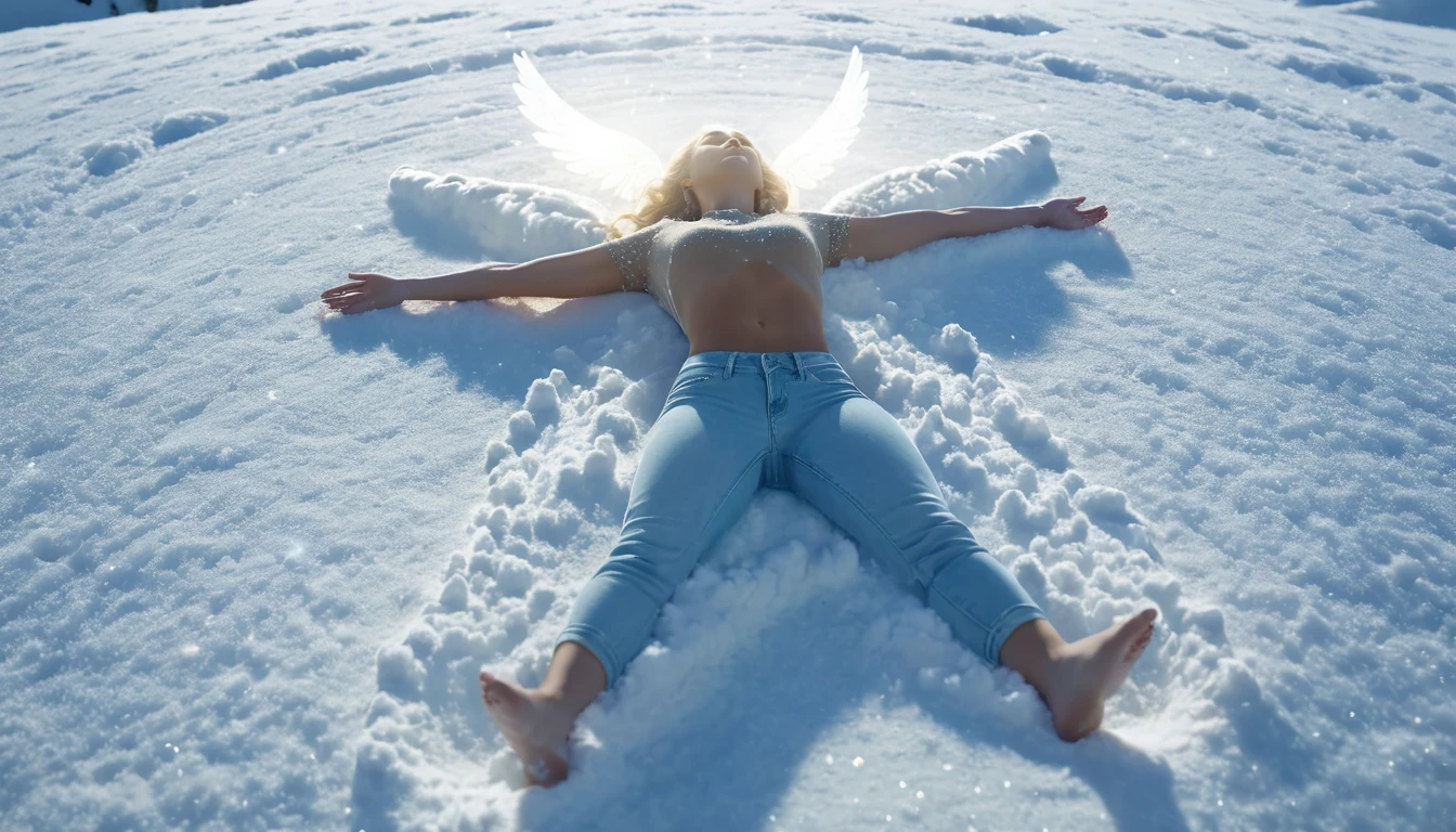 Egy nő hóban fekszik, hóangyalt formálva, ártatlanságot és örömöt szimbolizálva.