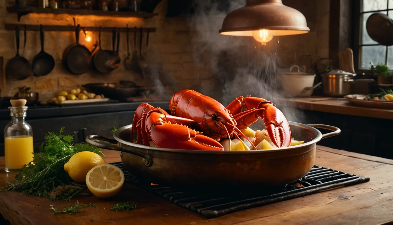 Frissen főtt homár egy serpenyőben, citrommal és fűszernövényekkel körítve.