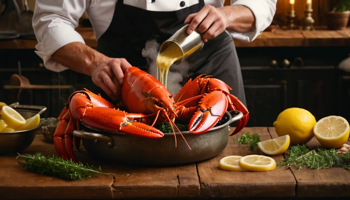 Egy séf homárt készít elő, citrommal és fűszernövényekkel körítve.