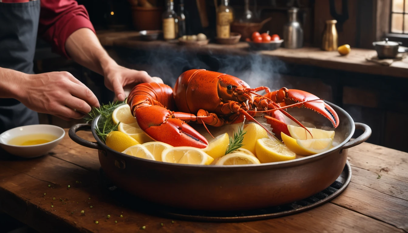 Egy frissen elkészített homár citromszeletekkel egy serpenyőben, gőzölögve.