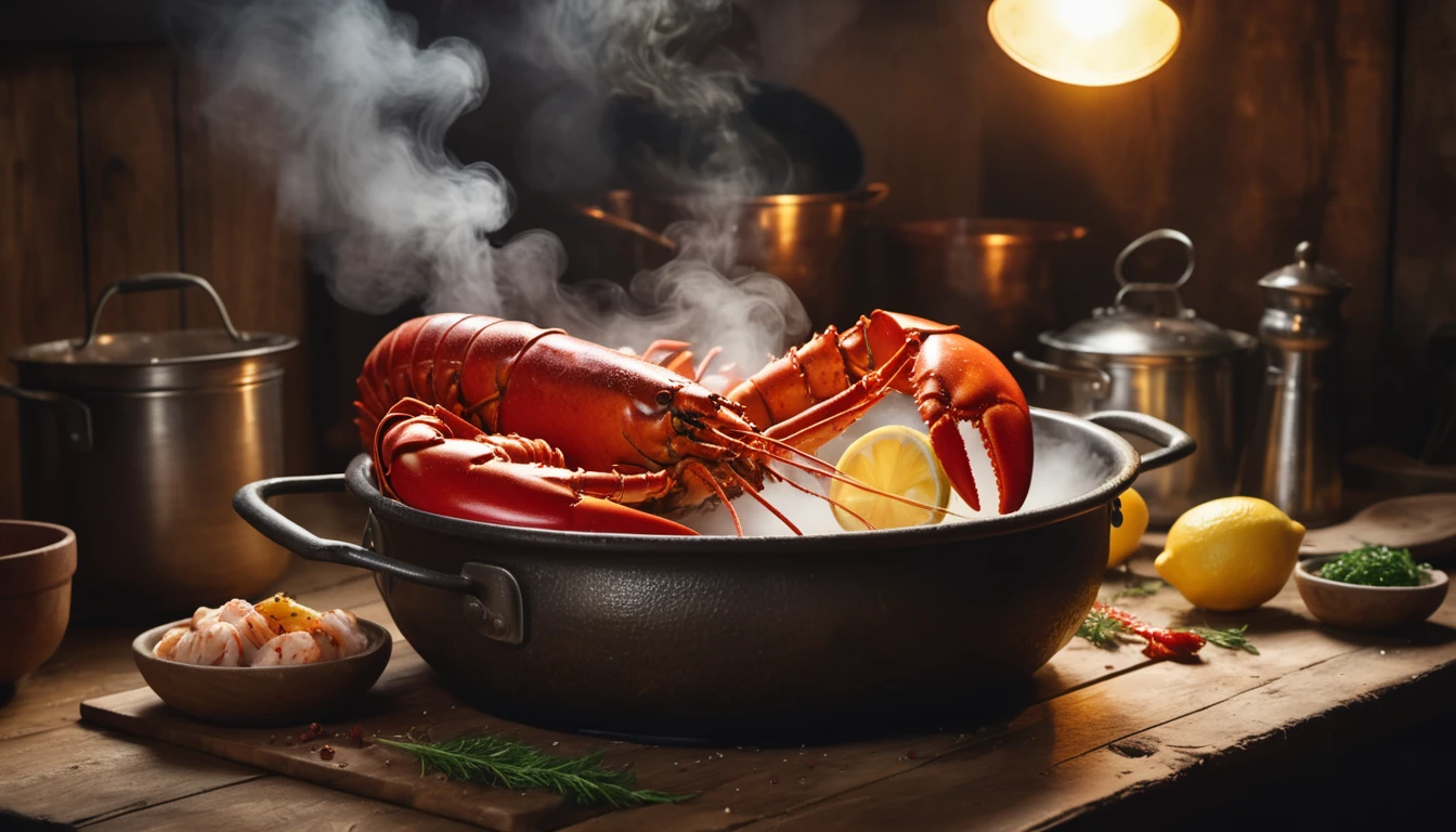 Egy friss homár gőzölög egy serpenyőben, citrommal és fűszerekkel körítve.