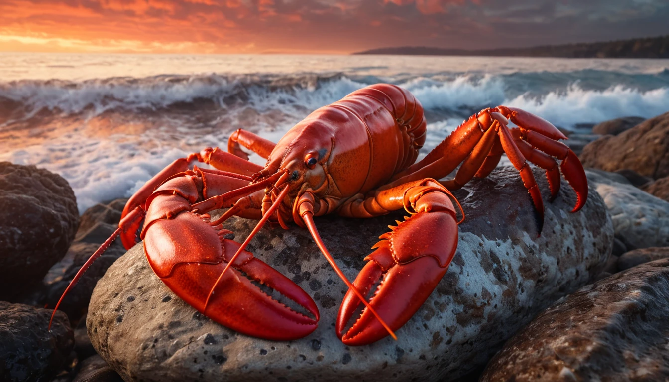 Egy élénk vörös homár ül egy sziklás parton, a tenger hullámai mögötte.