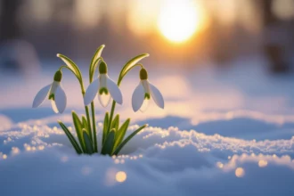 Hóvirágok nyílnak a hóban, a naplemente fényében ragyogva.