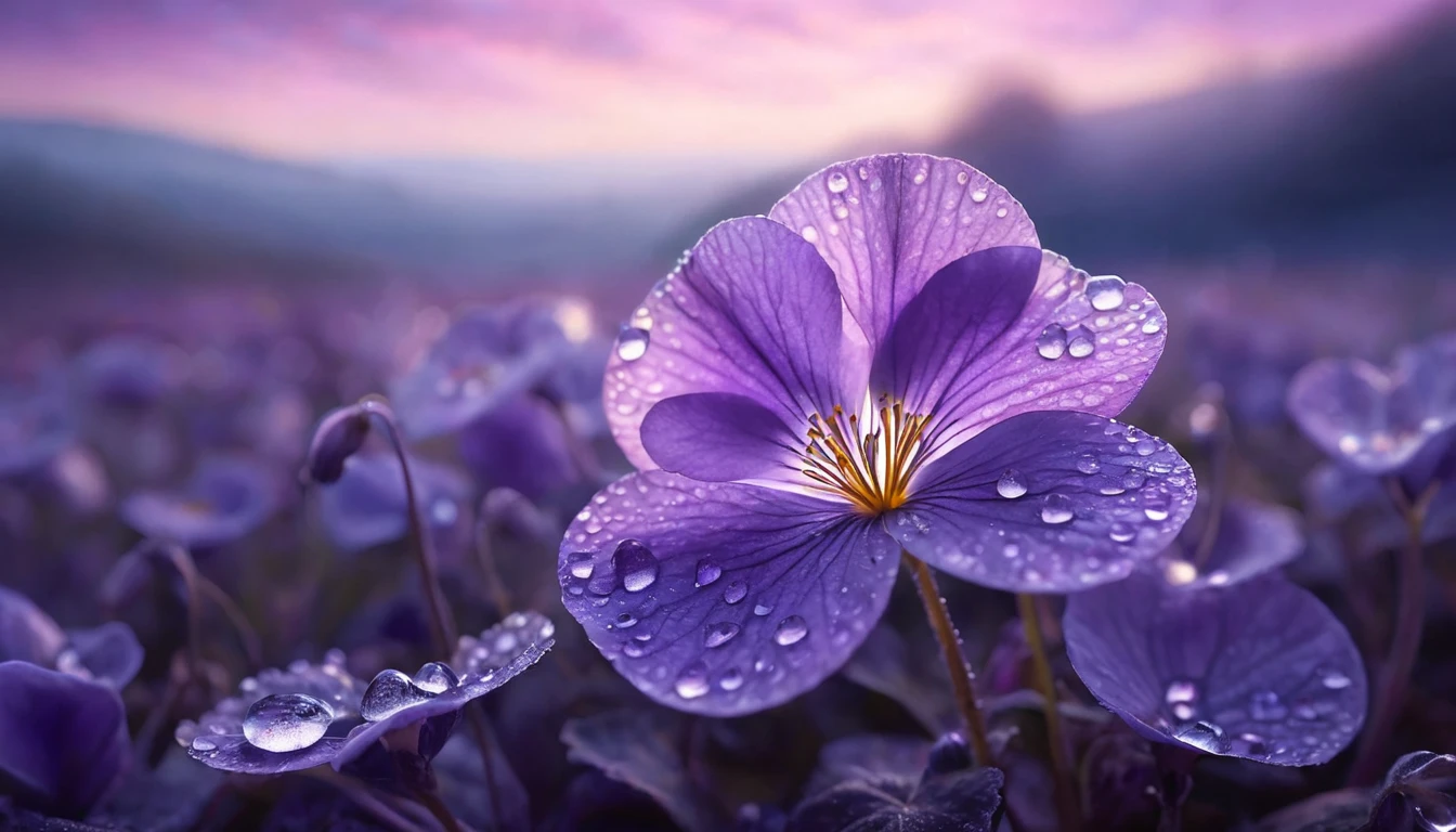 Egy ibolya virág, cseppekkel borítva, a háttérben lágy színekben játszó tájjal.