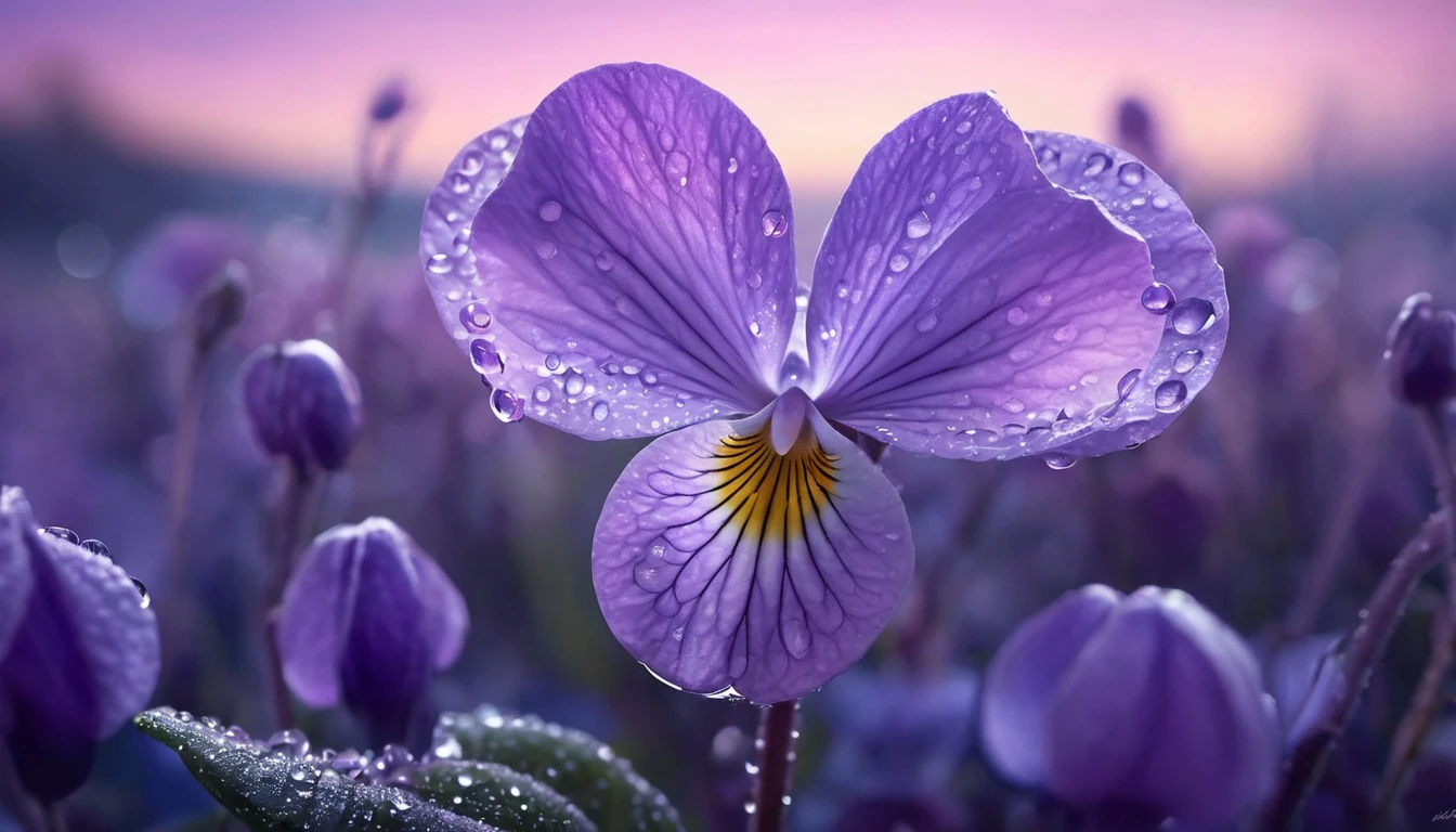 Egy ibolya virág, cseppekkel borítva, gyönyörű lila színben.