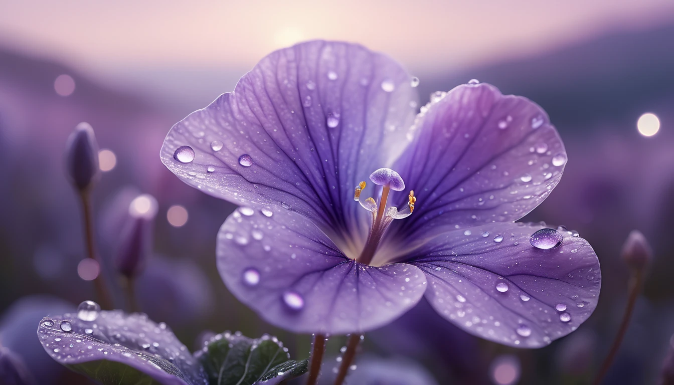 Egy ibolya virág, cseppekkel a szirmain, lágy fényben.