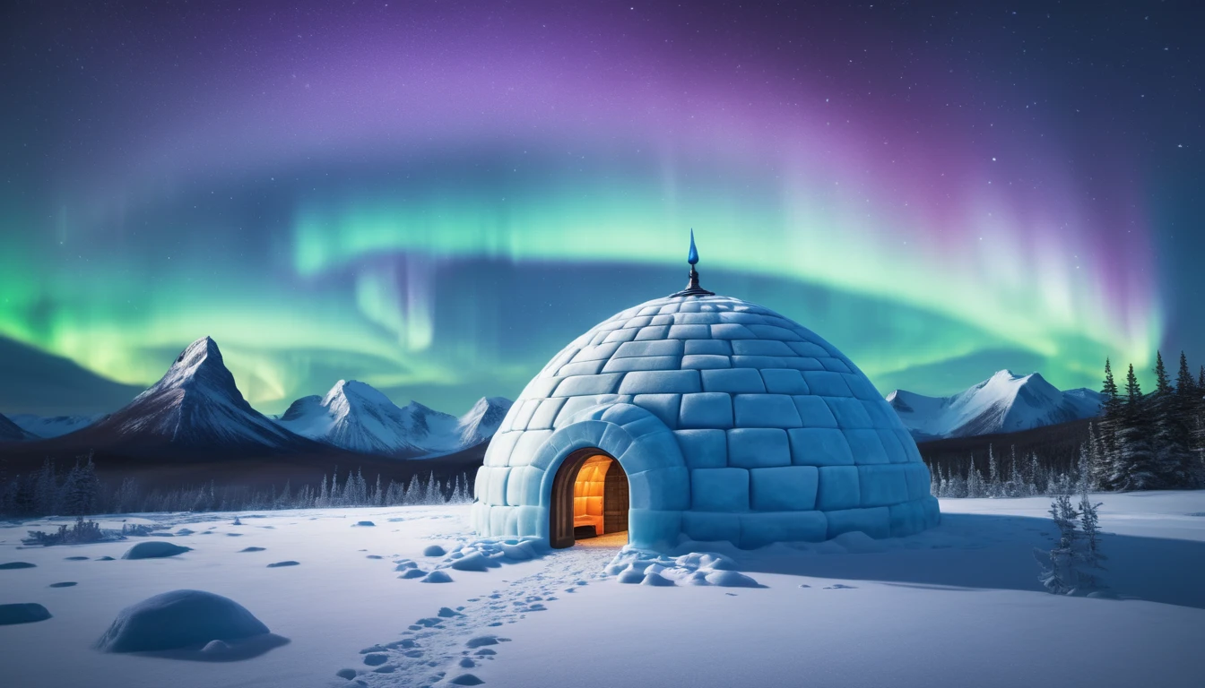 Mit jelent igluról álmodni? - Online álomfejtés és értelmezés Egy iglu áll a hóval borított táj közepén, mögötte északi fények ragyognak.