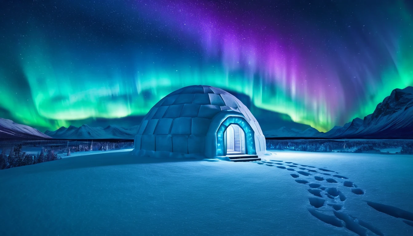 Mit jelent igluról álmodni? - Online álomfejtés és értelmezés Egy iglu áll a hóval borított tájban, mögötte színes északi fények ragyognak az égen.