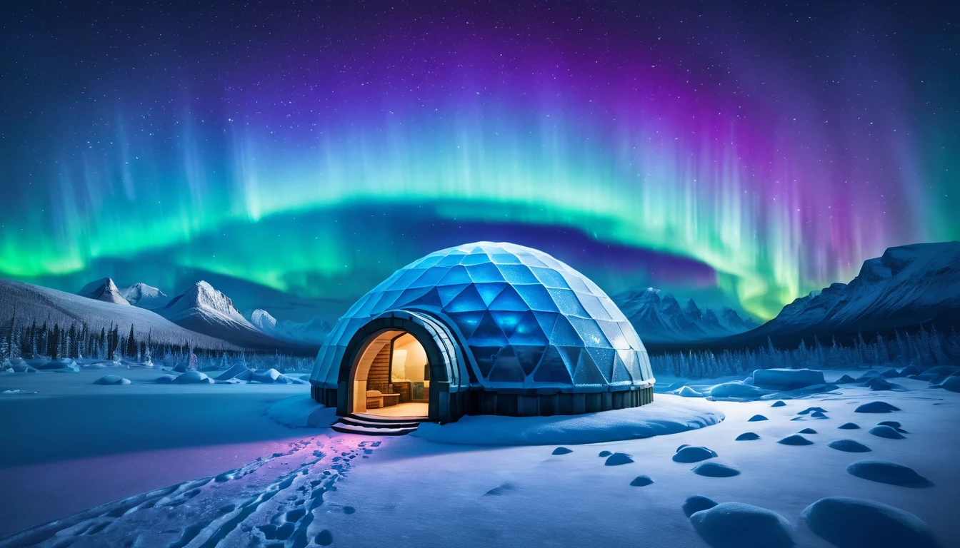 Egy iglu áll a hóval borított táj közepén, felette színes északi fények ragyognak.