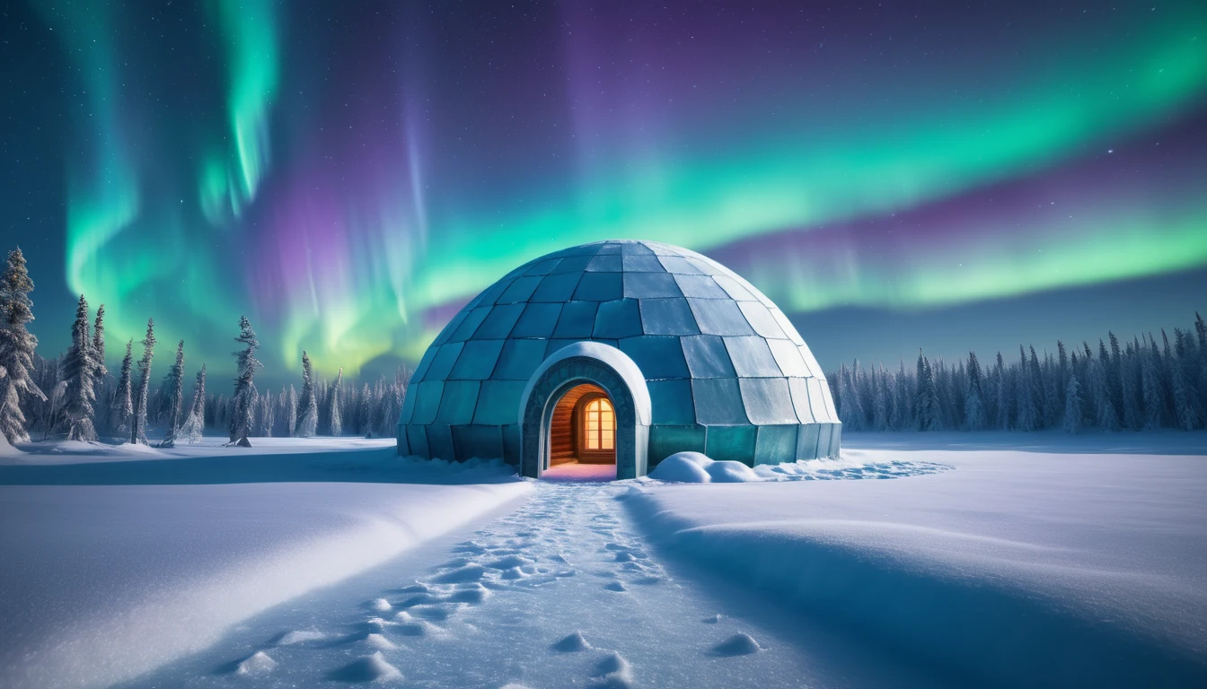 Mit jelent igluról álmodni? - Online álomfejtés és értelmezés Egy iglu áll a hóval borított tájban, felette északi fények ragyognak.