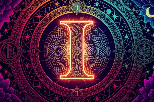 Az Ikrek szimbóluma díszes, színes háttérrel, álomfejtéshez kapcsolódóan.