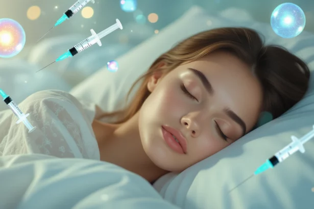 Egy fiatal nő alszik, körülötte injekciós tűk lebegnek, álomszerű környezetben.