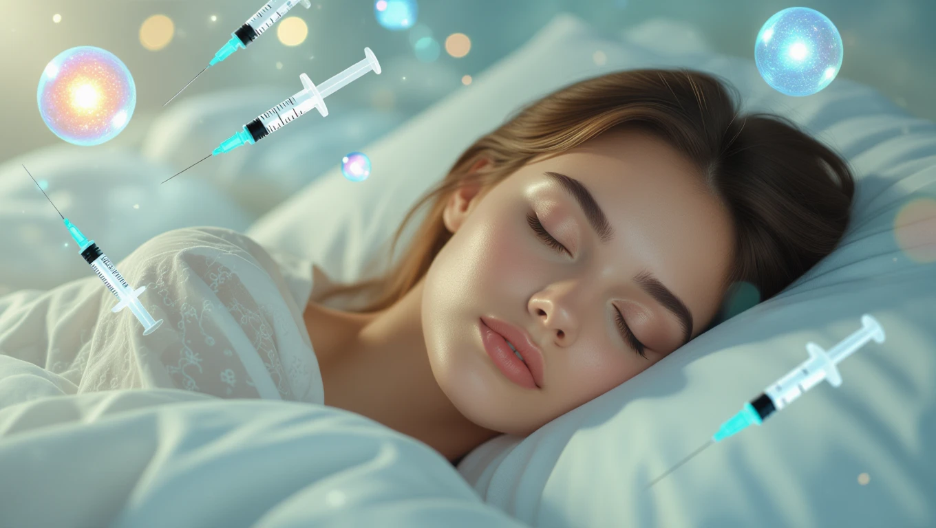 Mit jelent injekcióval álmodni? – Részletes álomfejtés és értelmezés Egy fiatal nő alszik, körülötte injekciós tűk lebegnek, álomszerű környezetben.