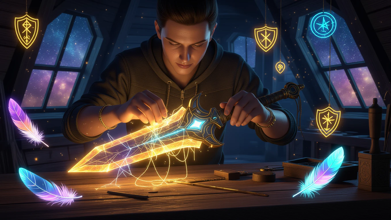 Mit jelent javításról álmodni? – Részletes álomfejtés és értelmezés Egy fiatal férfi egy fénylő kardot javít, miközben varázslatos elemek veszik körül.