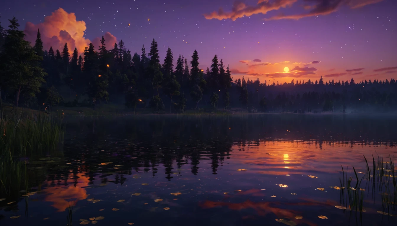 Naplemente tükröződik a vízben, körülötte fák és csillagok láthatók.