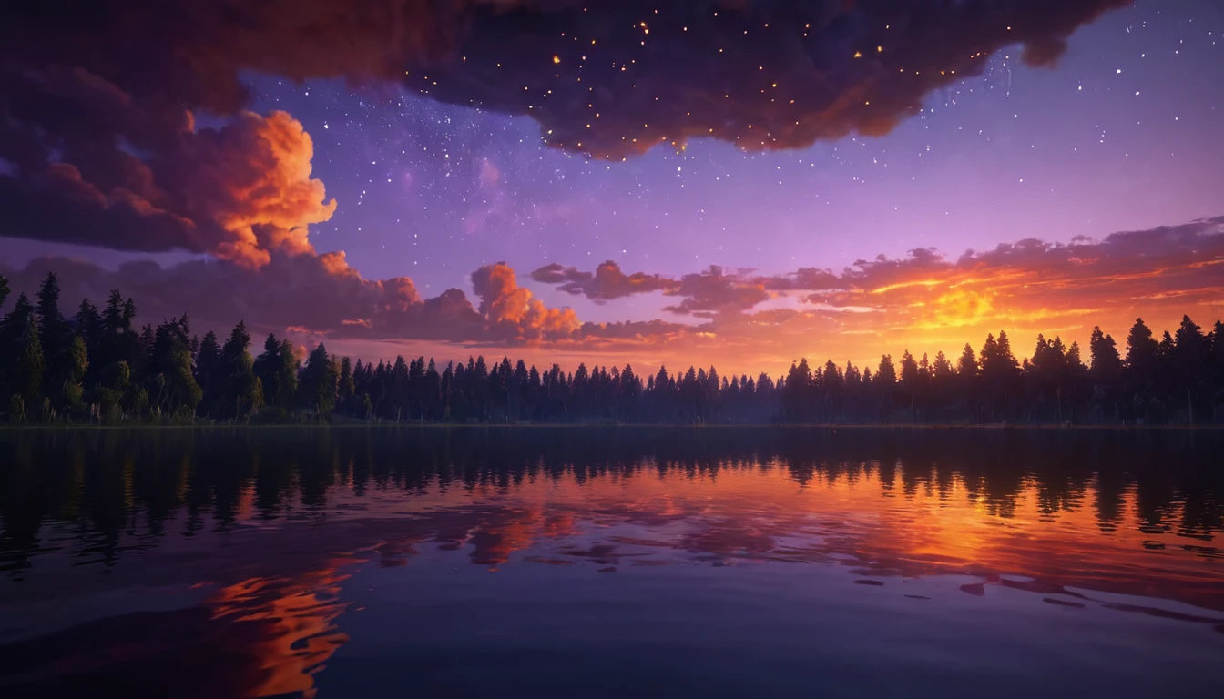 Naplemente tükröződik a vízben, fák és csillagok a háttérben.