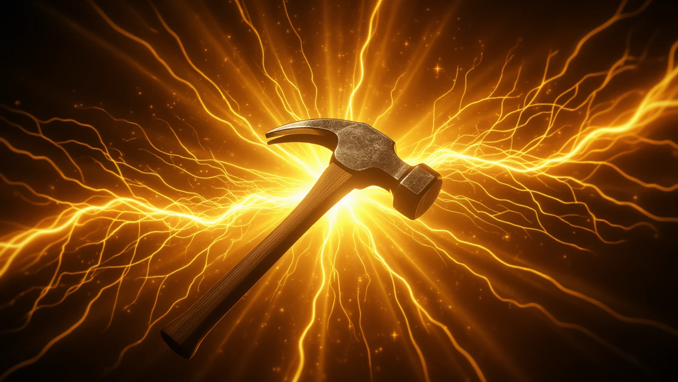 Egy kalapács, amely körül elektromos energia áramlik, sárgás fényben.