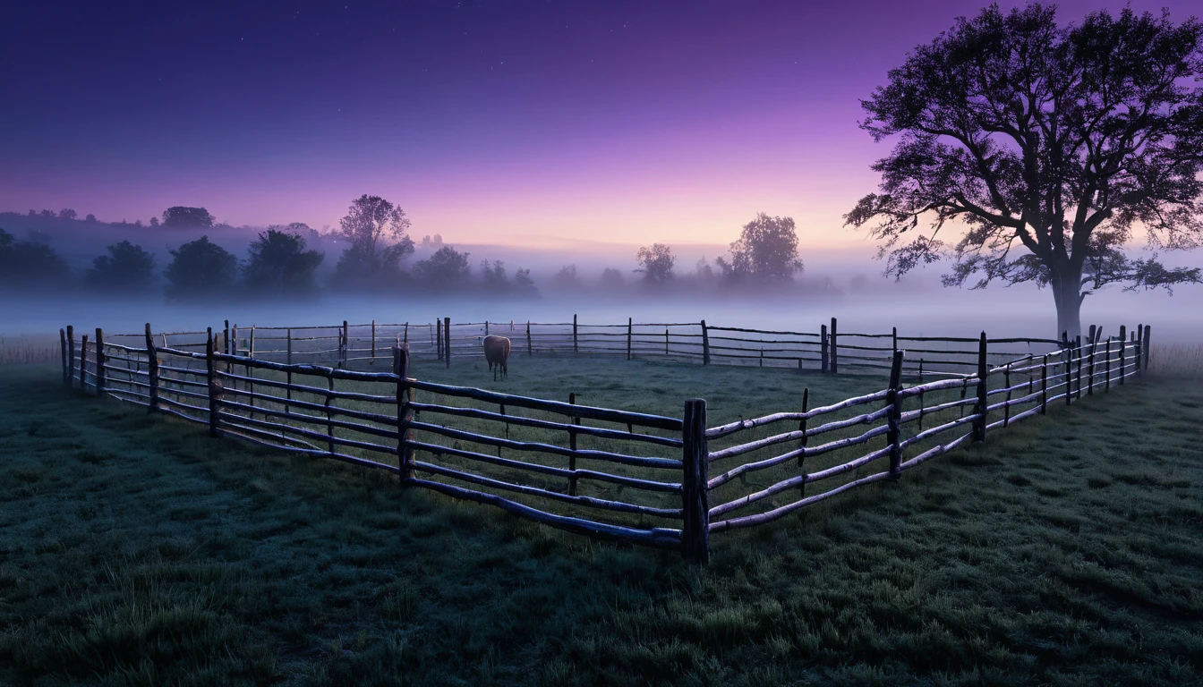 Egy karám látható ködös tájban, háttérben fák és naplemente színei.