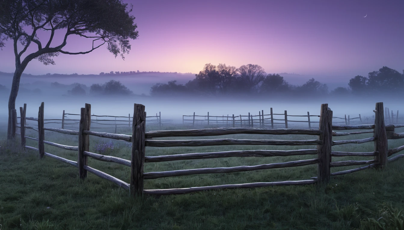 Egy fából készült karám, ködös tájban, napfelkeltével a háttérben.